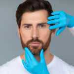 Cosmetician hands in protective medical gloves touching male face